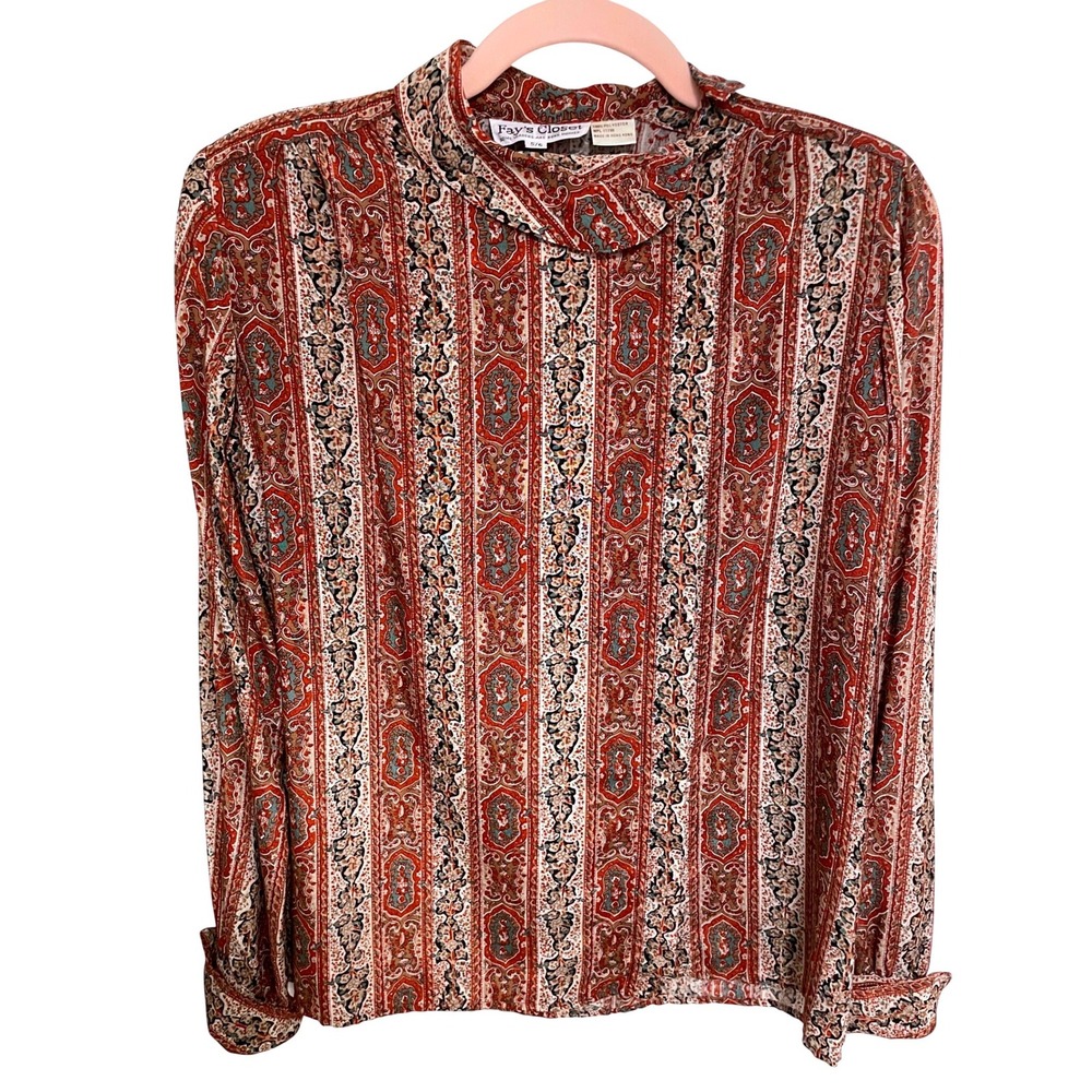 Vintage Paisley Striped Blouse Terracotta Teal Long Sleeve Fays Closet Small/6